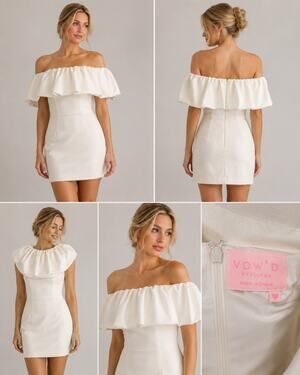 VOW'D Weddings Ivory Ruffle Mini Dress Size 0 Off Shoulder Bridal Reception